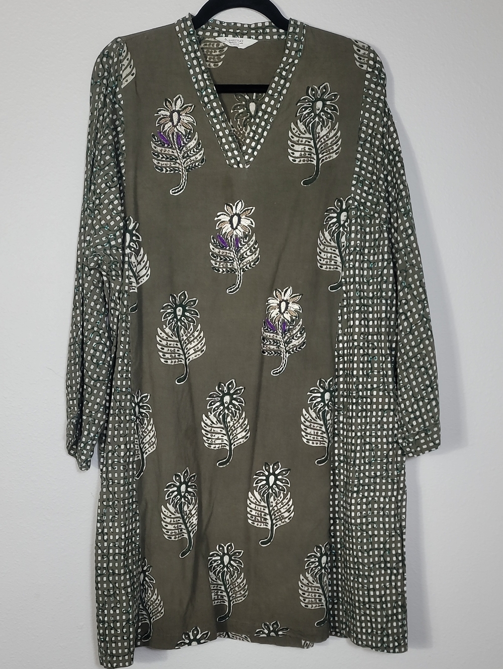 Marketplace India Embroidered Tunic Dress Size Large Olive Green Cotton Boho